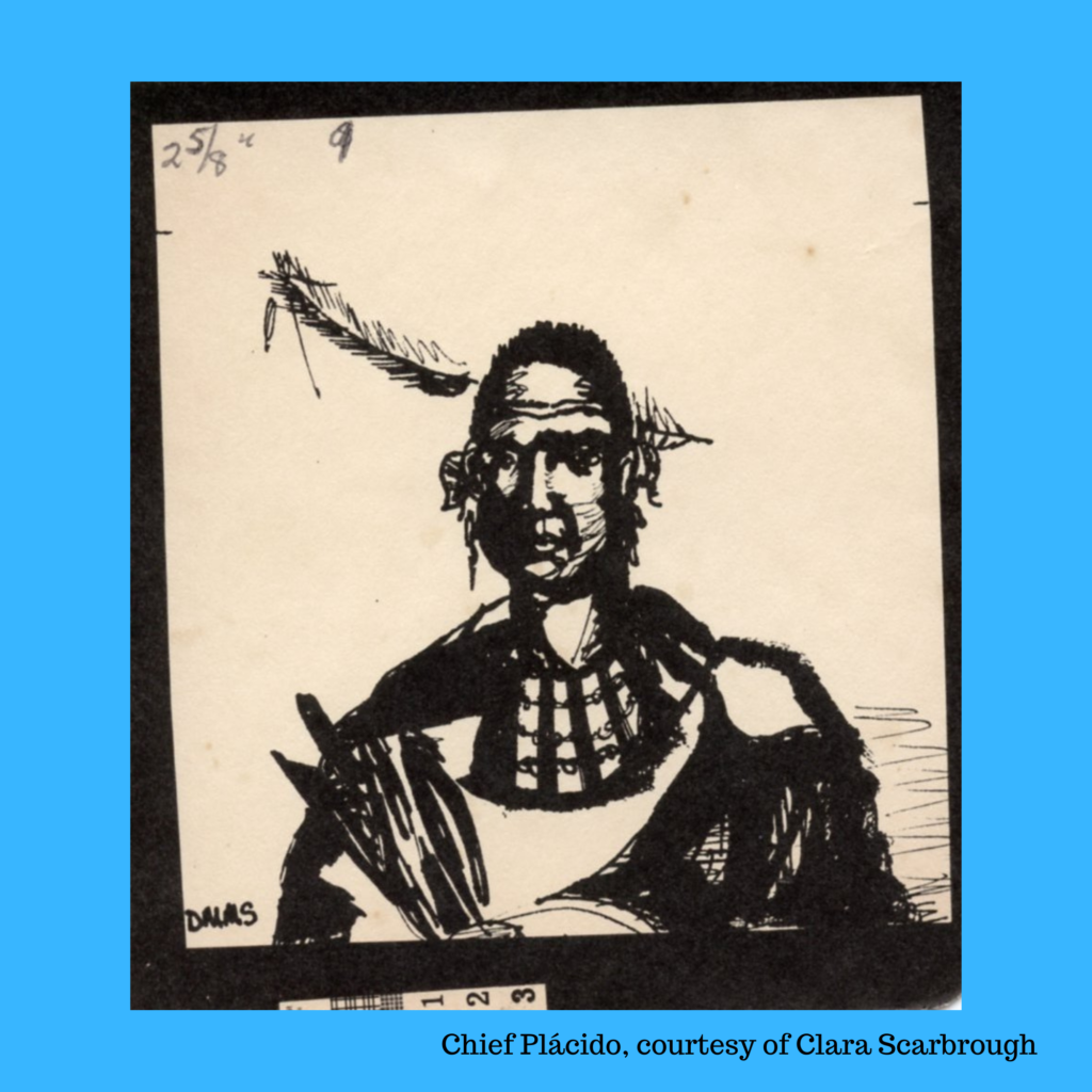 A black and white ink sketch on a blue background depicting Chef Placido, a Tonkawa man. He is wearing a single long feather in his hair with points up on the right side of his head. He is also wearing a long earring in his right ear, a large collar of office, and holding several feather in his hand. He is drawn from the elbows up and is facing toward the viewer, face turned slightly to his right. The artist's name, possibly Dalms, is written in the bottom left corner, and the numbers 2 5/8" and 9 are written in pencil on the top left corner. 