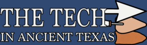 Logo: White all-caps letters on a slate blue background say "The Tech in Ancient Texas." The words are on two lines, with "The Tech" on the top line in a larger font. Extending from the right side of the words are three images, also stacked and layered: a white computer cursor on a light orange trowel on a dark orange ancient projectile point. They all point to the right edge of the frame.
