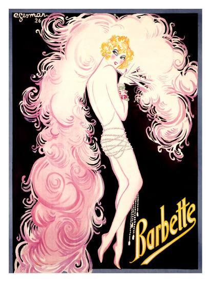 A 1926 poster by Charles Gesmar depicts a showgirl, wearing nothing but bracelets on her wrist and strings of pearls around her hips, posing coyly on a solid black background. She faces away from the viewer and looks back over her shoulder, her right foot tucked behind her left. She is slightly bowed, and her hands are up near her face, holding a giant fan sprouting a mass of stylized, swirling feathers that cascade behind and over her head of blonde curls down past the bottom of the poster. The girl and the top of the feathers are mostly white with pink edges, and the feathers fade to a deep pink as they cascade down. "Barbette" is written large in the bottom right corner, white outlined in yellow to match her blonde wig. The artist's signature, "C. Gesmar 26" is in white in the top left corner