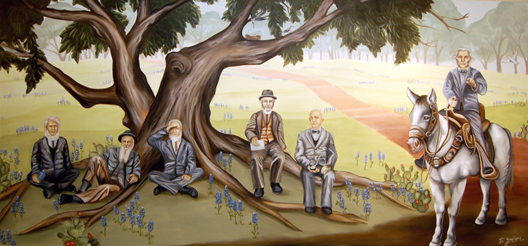 Five older white men in 19th century suits sit under a large oak tree, all are looking "out" towards the viewer.    Bluebonnets and prickly pear cacti grow scattered around them. A dirt path runs by the tree and a man on a white mule is approaching the sitting men. The man on the mule, George Washington Glasscock, is also painted "head on" and is pointing toward the viewer.