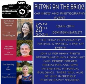 Pistons on the Bricks: A Texas Photography Festival Pop Up Event: Blue flyer with a list of photography speakers and event information