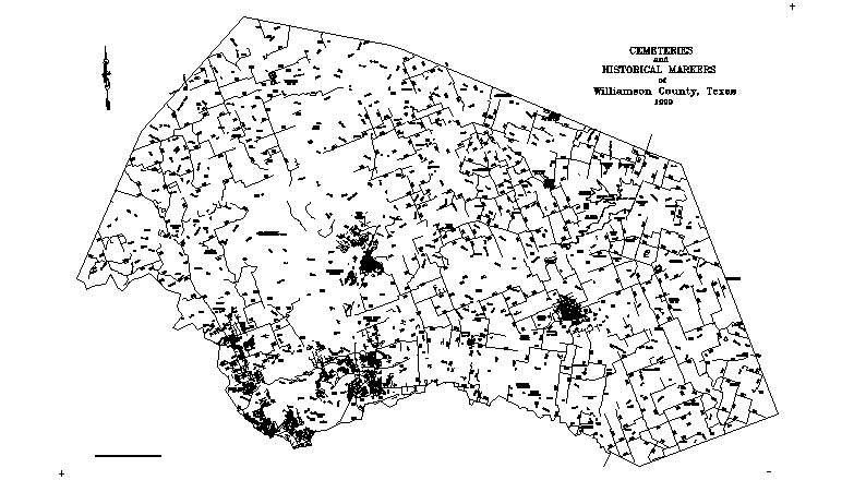 1999 map of Williamson county with locations of historic cemeteries and historical markers